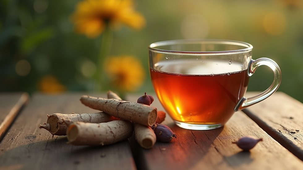Eye-level view of a cup of herbal tea with cistanche roots beside it