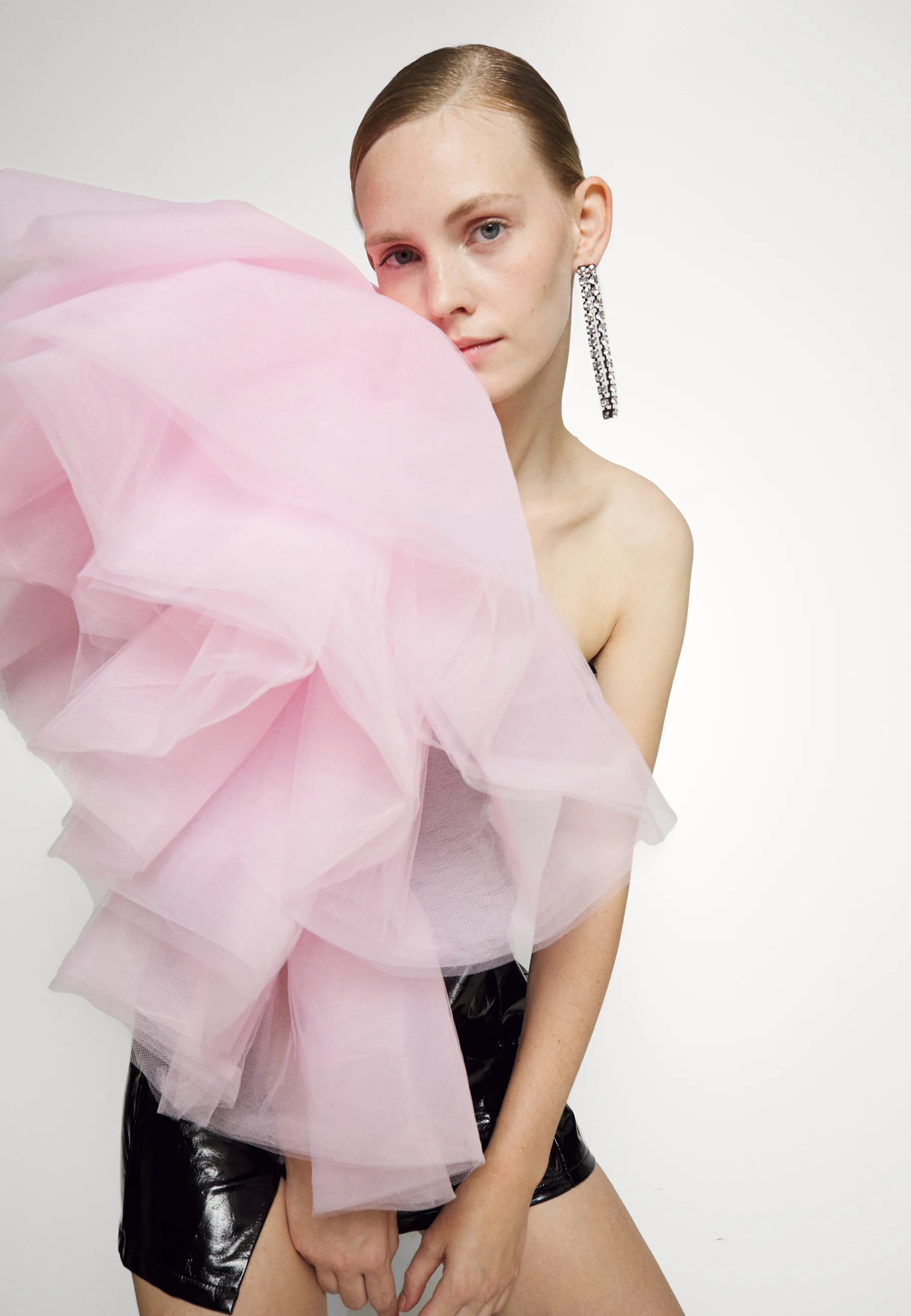 Thumbnail: Black Bodycon Vinyl Dress With Ruffled Pink Tulle