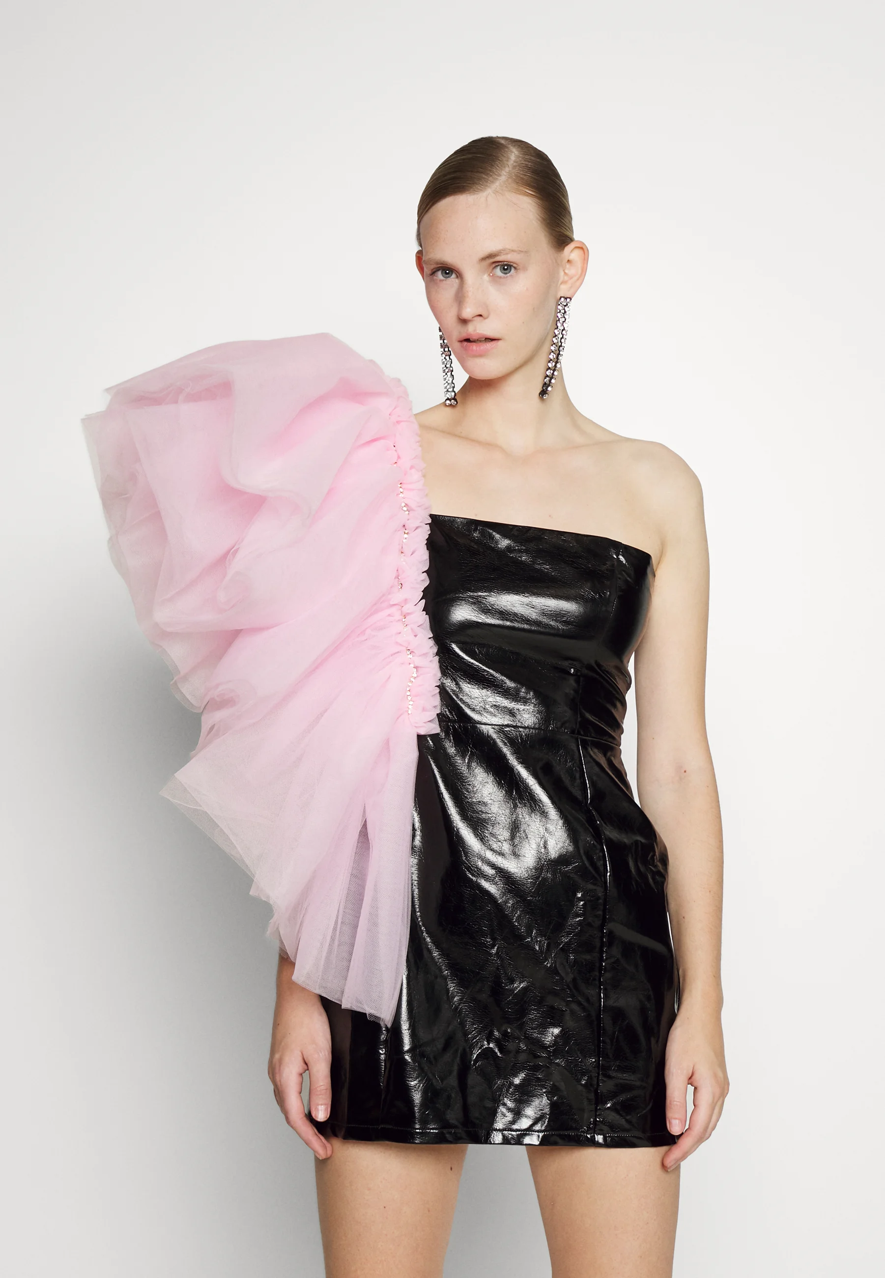 Thumbnail: Black Bodycon Vinyl Dress With Ruffled Pink Tulle