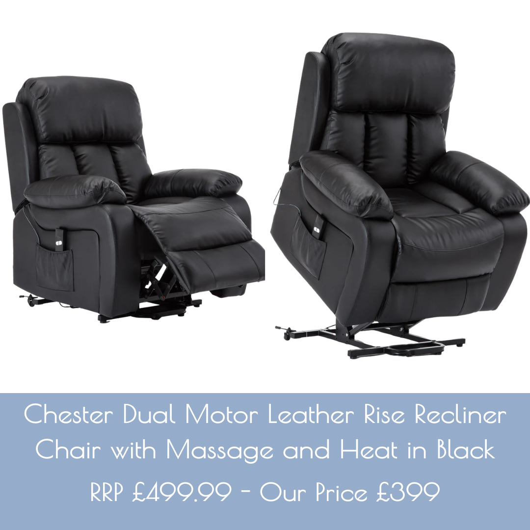 Chester Dual Motor Leather Rise Recliner Chair with Massage and Heat in Black