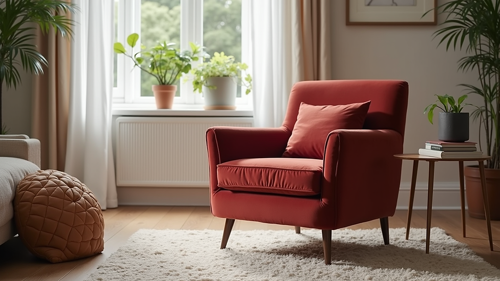 Eye-level view of a luxurious velvet armchair in a bright living room