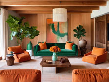 Ярък и модерен хол, обзаведен със свежи зелени и оранжеви акценти, елементи от кадифе и естествено дърво и големи зелени растения, създаващи топла и уютна атмосфера.
