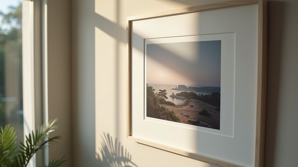 Close-up view of a beautifully framed photo print hanging on a wall