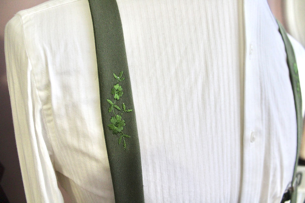 Thumbnail: Floral Embroidered Moss Green Suspenders Handmade in Toronto