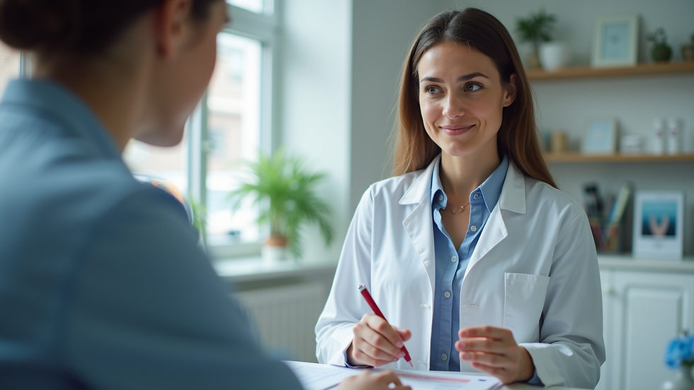 Eye-level view of a nutritionist analyzing blood test results with a female patient