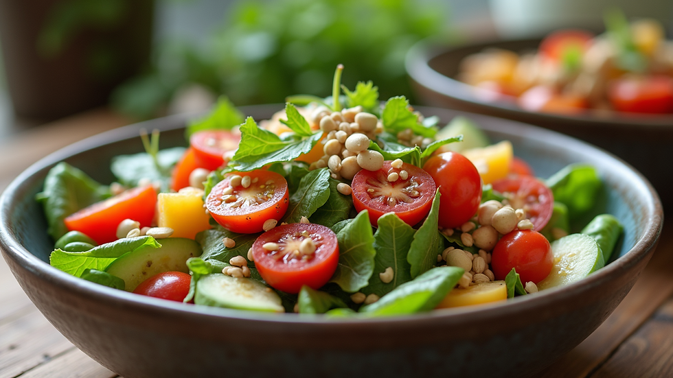 Eye-level view of a colorful salad bowl with fresh vegetables and seeds