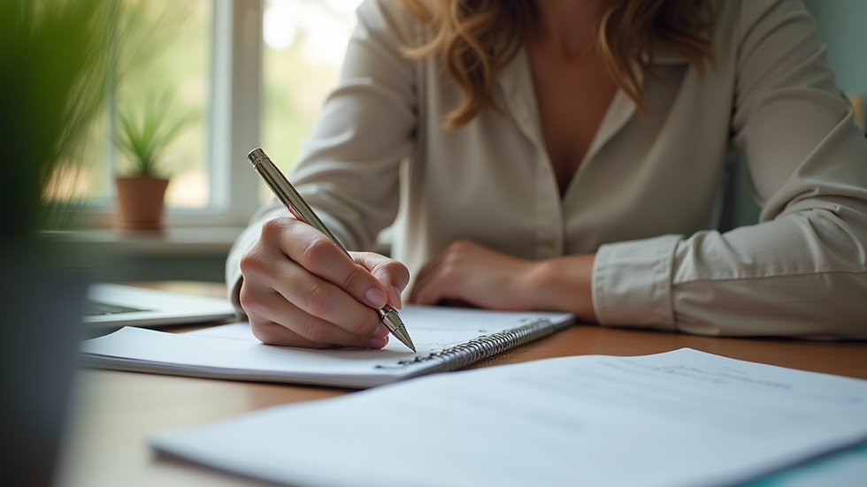 Eye-level view of a woman taking notes during an online nutrition consultation
