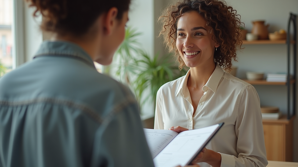 Eye-level view of a nutritionist consulting a woman with a food diary