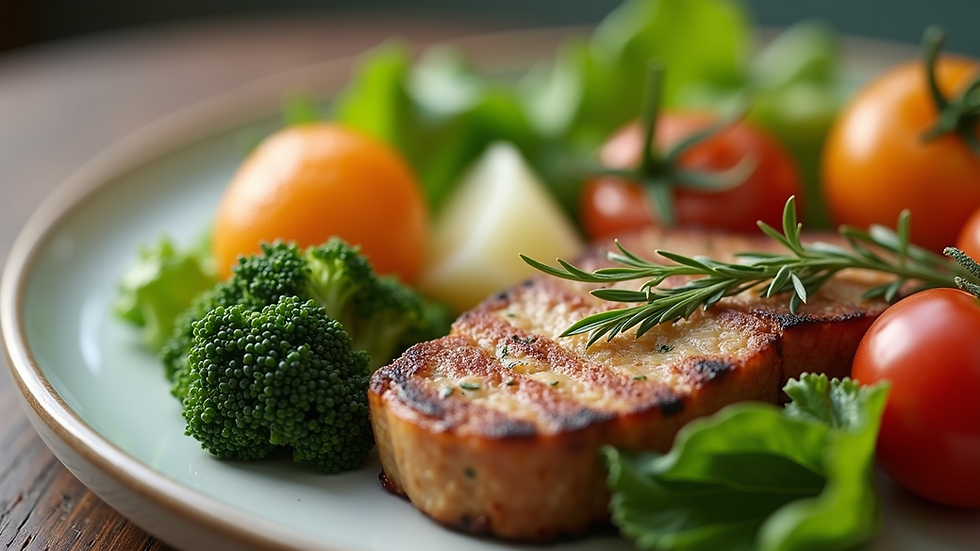 Close-up view of a balanced meal with vegetables and proteins on a plate