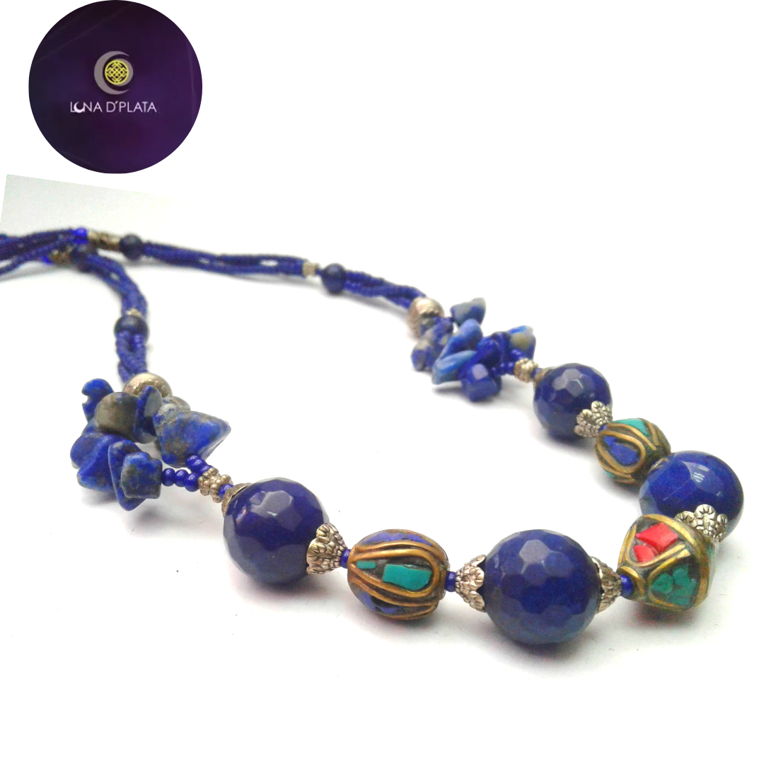 Lapislázuli Redondo Azul  Collar Cuerda Mujer