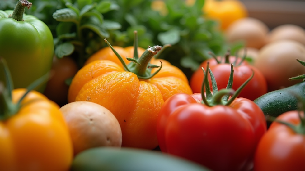Close-up view of fresh fruits and vegetables rich in vitamins