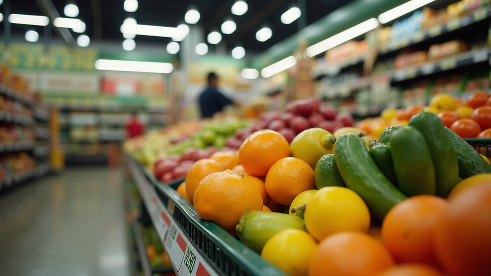 Vista aérea de carrinho de supermercado com frutas e legumes frescos