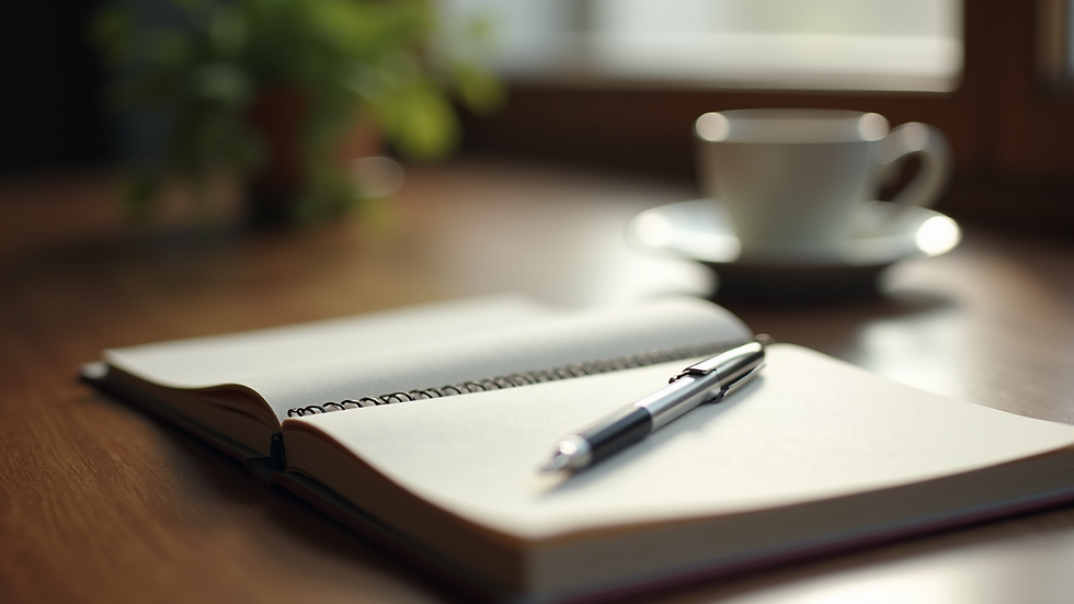 Close-up view of a journal and pen resting on a wooden table