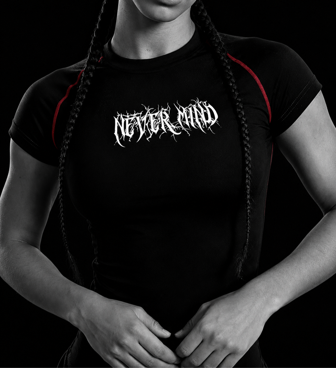 Never Mind Compression Baby Tee – Women's Dark Gothic Activewear #023