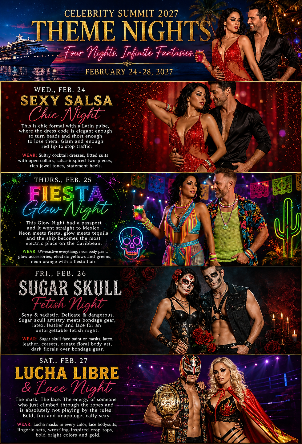 Bliss Cruise Celebrity Summit 2027 theme nights schedule featuring Sexy Salsa Chic Night, Fiesta Glow Night, Sugar Skull Fetish Night, and Lucha Libre & Lace Night for the February 24-28, 2027 lifestyle cruise, with costume inspiration and dress code ideas for each themed party.
