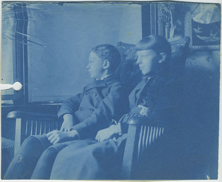 BEAUTIFUL CYANOTYPE! ELEGANT PORTRAIT of WELL DRESSED YOUNG BOY & GIRL in PARLOR