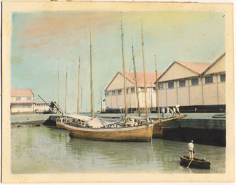 GORGEOUS HAND TINTED HARBOR with BOATS and FISHERMEN CUBA? RIO?
