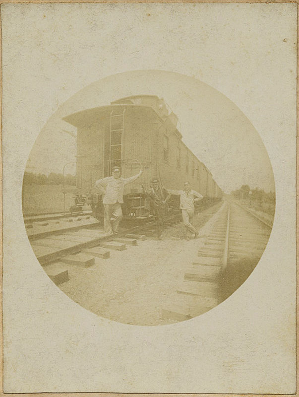 Thumbnail: EARLY KODAK #1 TWO MEN at RAILROAD CAR CABOOSE on RAILWAY SIDING