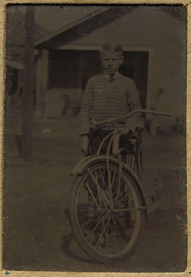 Thumbnail: FAUX TINTYPE BOY with BICYCLE in CARD "REMEMBER ME" FRAME