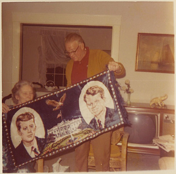 Thumbnail: BONUS PHOTO of COUPLE HOLDS KENNEDY BOBBY & JFK VELVET BANNER