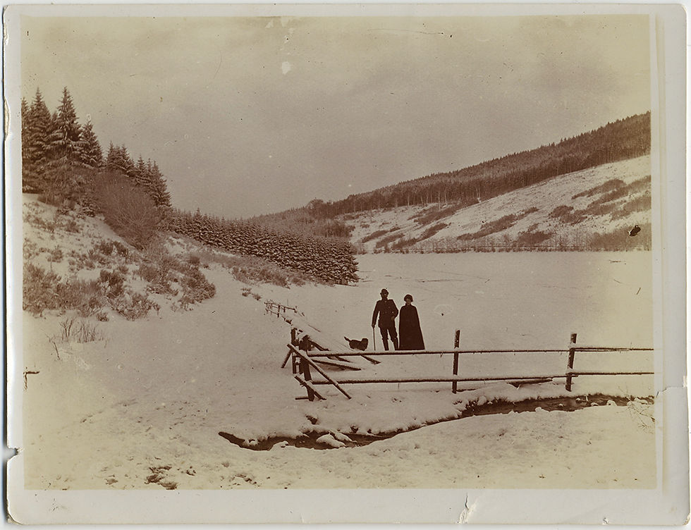 Thumbnail: INTERESTING STARKLY SILHOUETTED COUPLE & DOGG against SNOWY RURAL LANDSCAPE