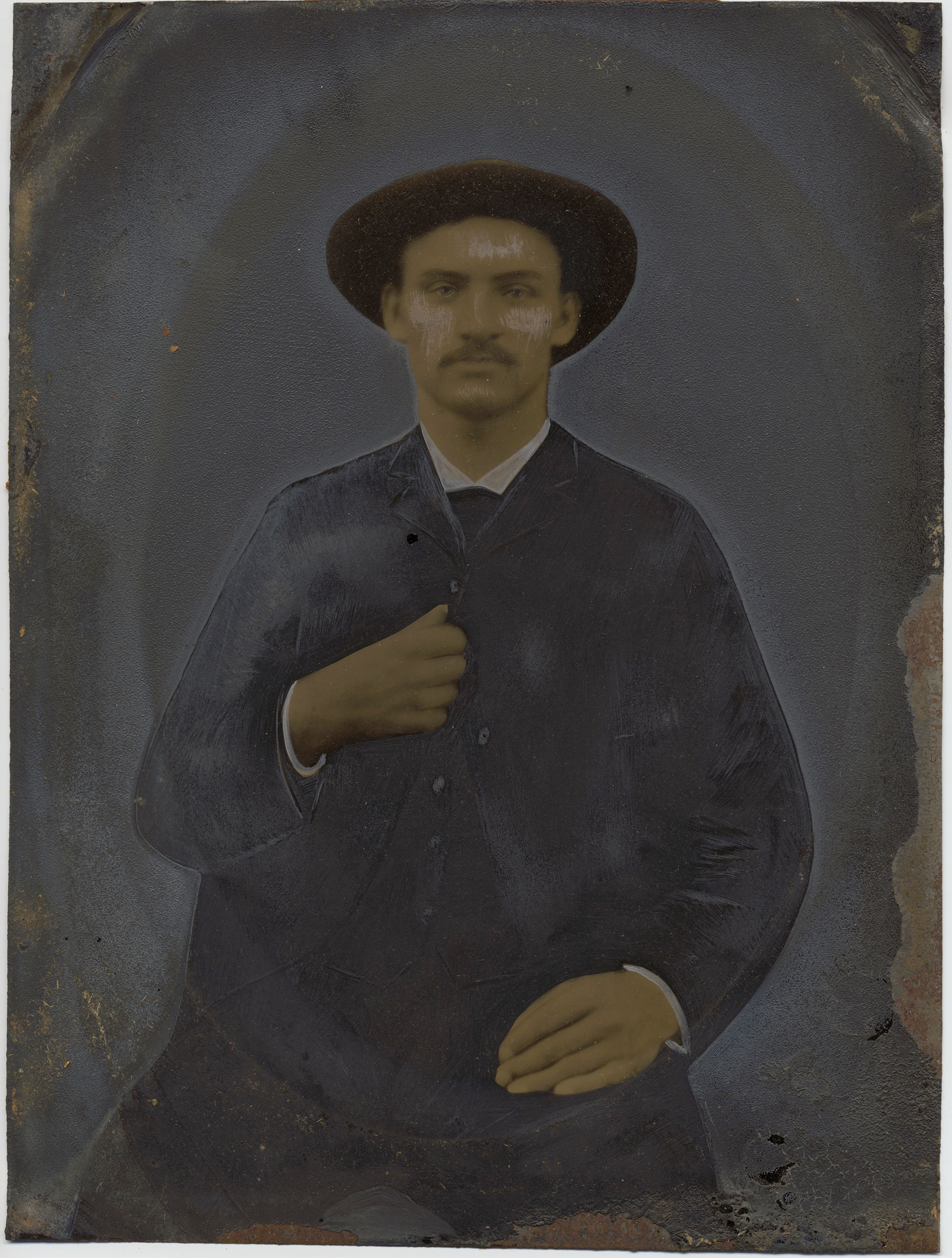Painted Full Plate Tintype: Dignified Man with Hat