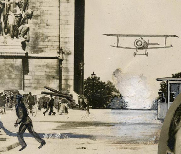 Thumbnail: RARE HEAVILY PAINTED PRESS PHOTO DAREDEVIL GODEFROY FLIES thru ARC de TRIOMPH