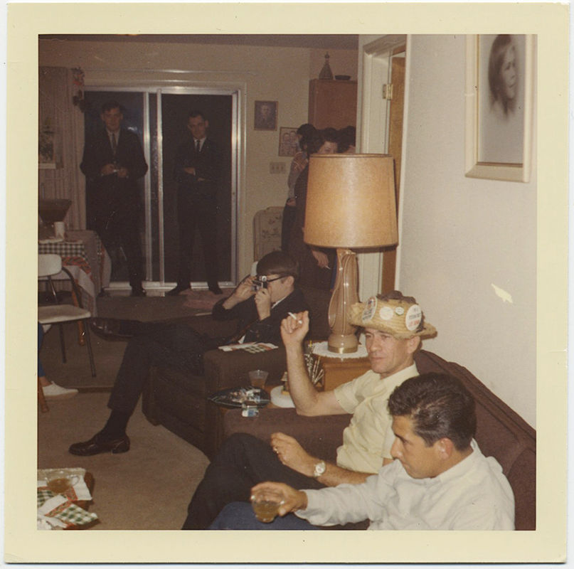 STRANGE GATHERING MEN w INSTAMATIC HAT & POLITICAL BUTTONS  OMINOUS FIGURES