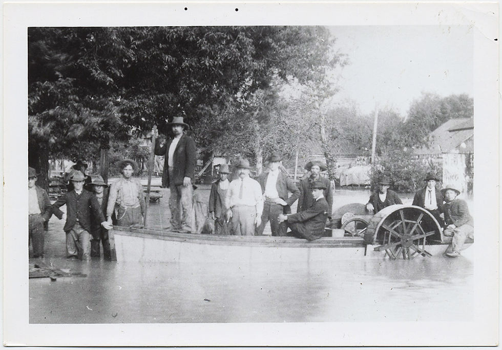 Thumbnail: AMAZING FLOOD COMBO 2 pics CROWD MEN STAND KNEE-DEEP in FLOODWATER PADDLEBOAT