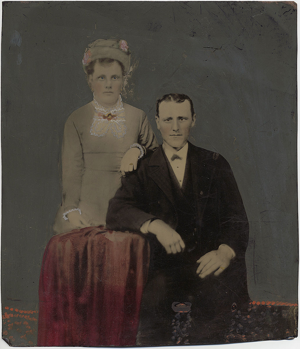 Painted Full Plate Tintype: EXTRAORDINARY HUSBAND & WIFE OVERSIZE