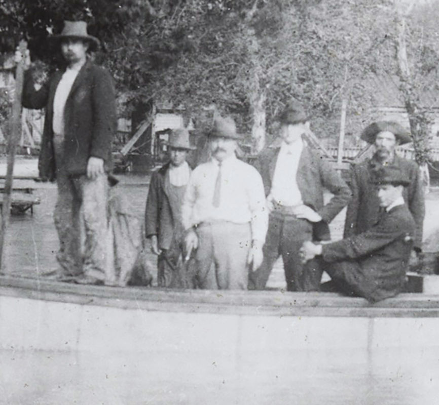 Thumbnail: AMAZING FLOOD COMBO 2 pics CROWD MEN STAND KNEE-DEEP in FLOODWATER PADDLEBOAT