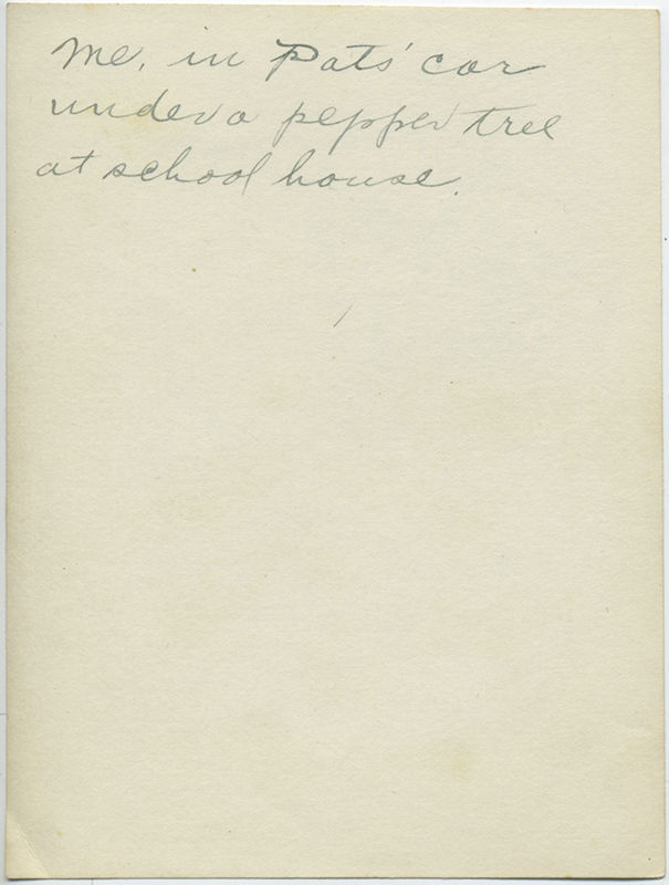 Thumbnail: WOMAN in Pat's CAR w PHOTOGRAPHER'S SHADOW Pepper Tree & GREAT CAPTION