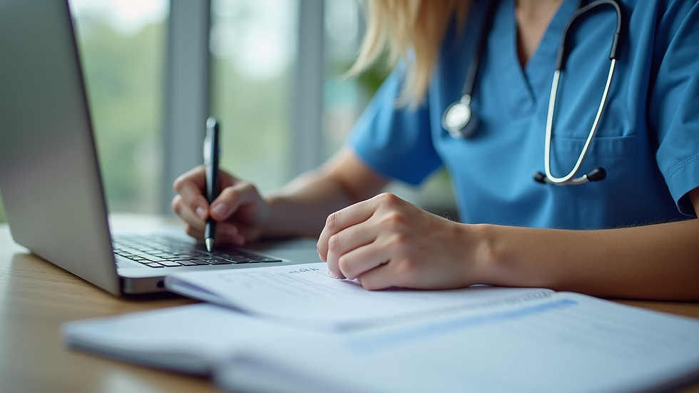 Close-up view of a nursing student studying NCLEX materials with notes and laptop