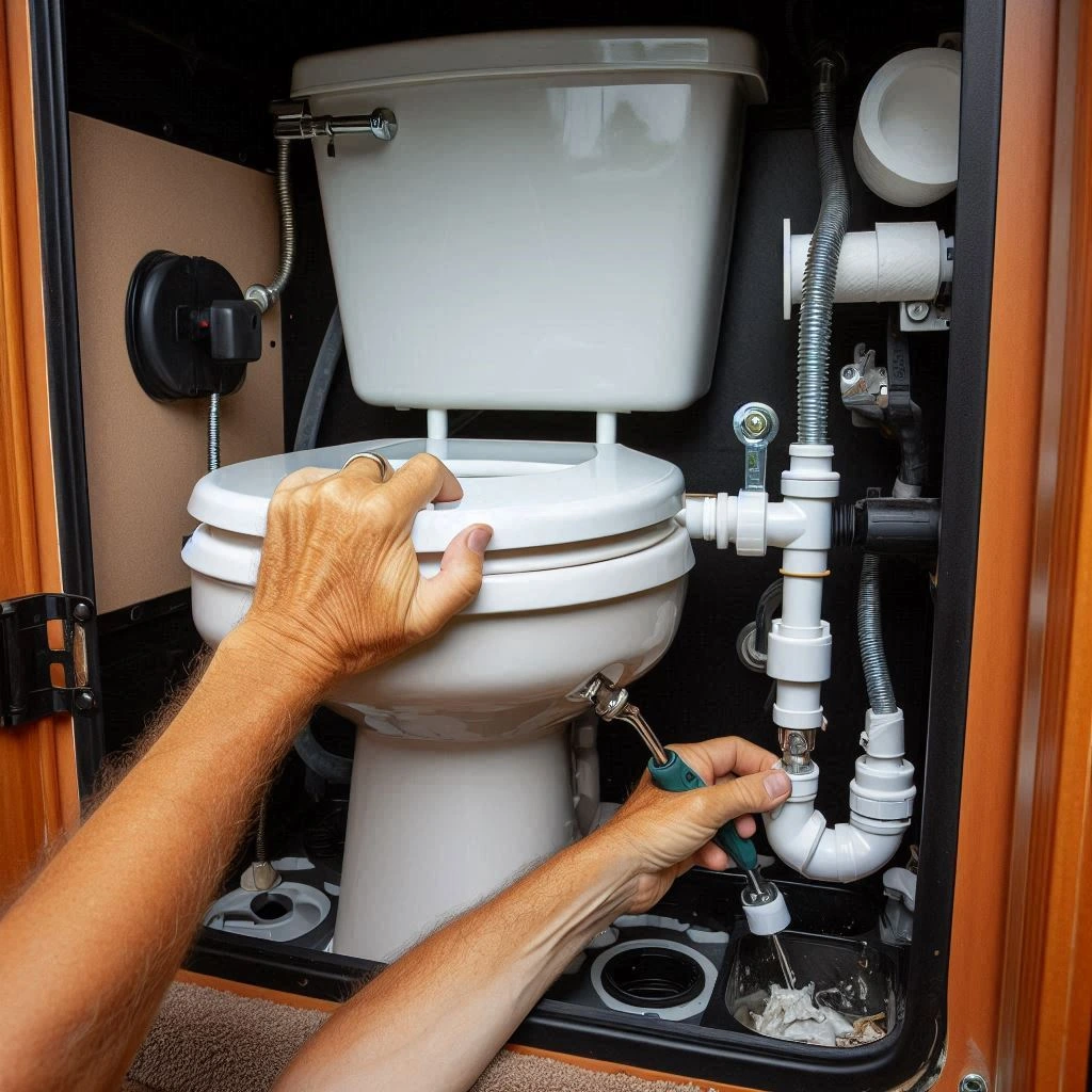 Detach the RV Toilet Unbolt and remove the existing RV toilet
