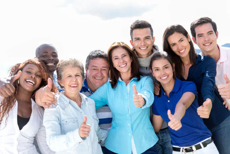 A diverse group of happy people with strong emotional granularity.