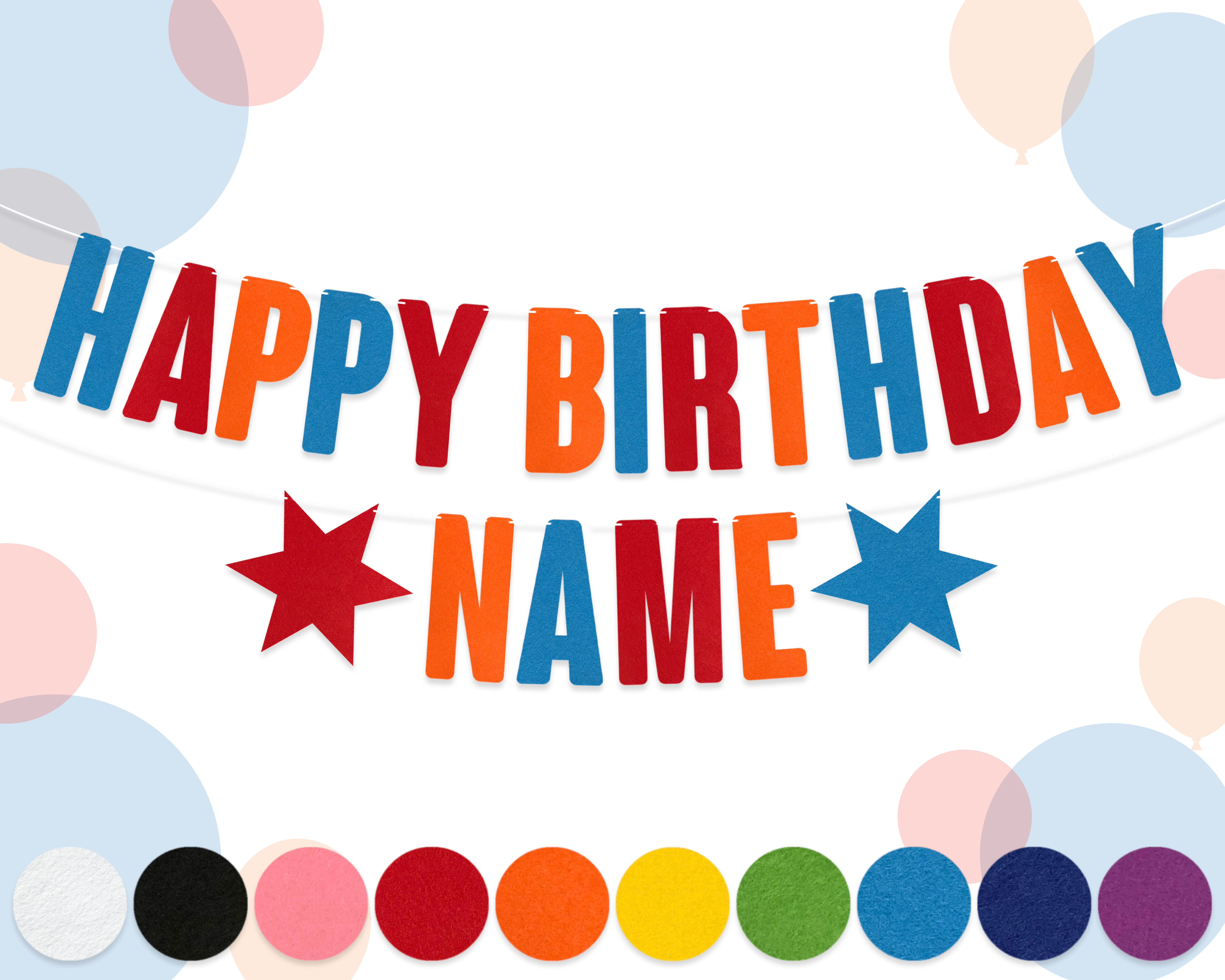 Personalised Happy Birthday felt banner with custom name and colourful letters