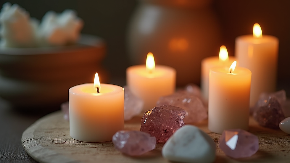 Close-up view of a meditation altar with candles and crystals