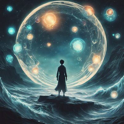a person standing in a space, surrounded by orbs and waves .jpg