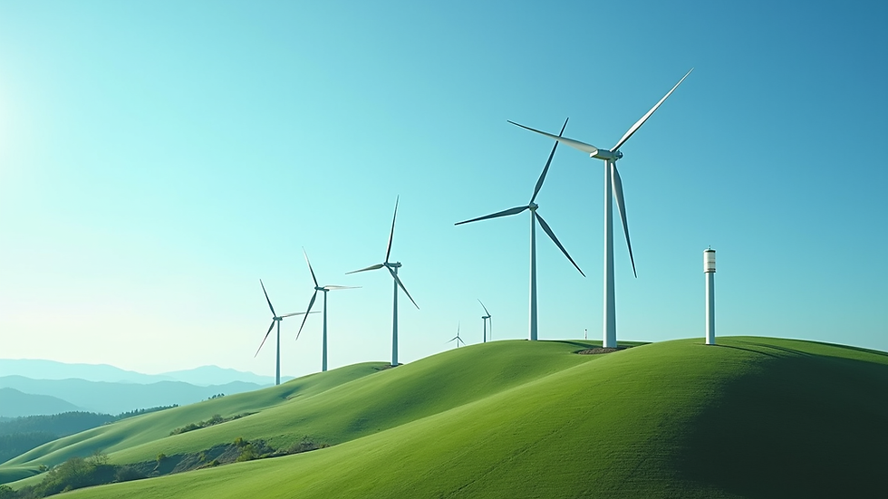 High angle view of wind turbines spinning on a green hillside under a clear blue sky