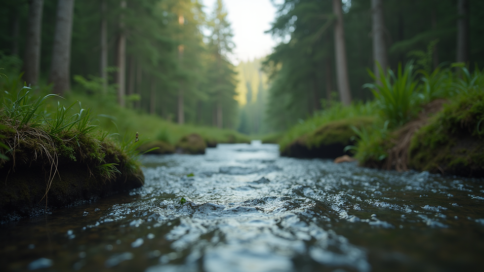 Eye-level view of a calm river flowing through a forest