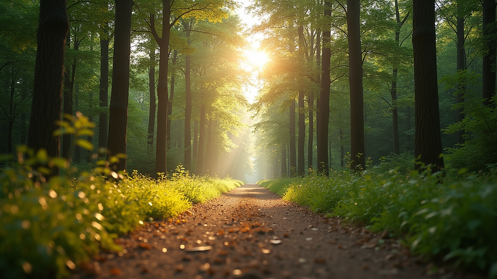 Eye-level view of a serene forest path with soft sunlight filtering through trees