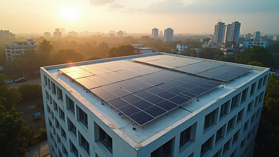 High angle view of solar panel installation on a commercial building in Sawantwadi