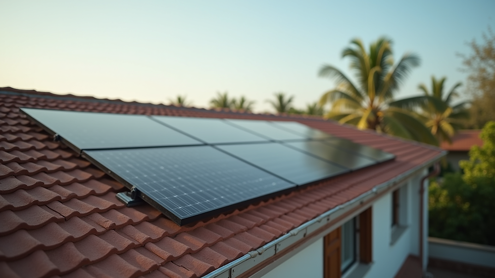Eye-level view of rooftop solar panels installed on a residential house in Sawantwadi