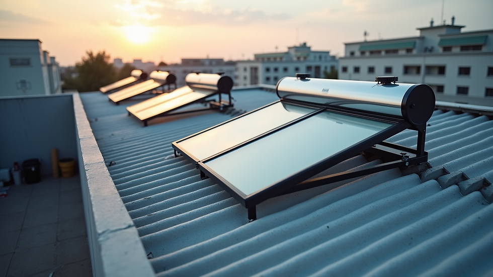 High angle view of solar water heater panels installed on a commercial building roof