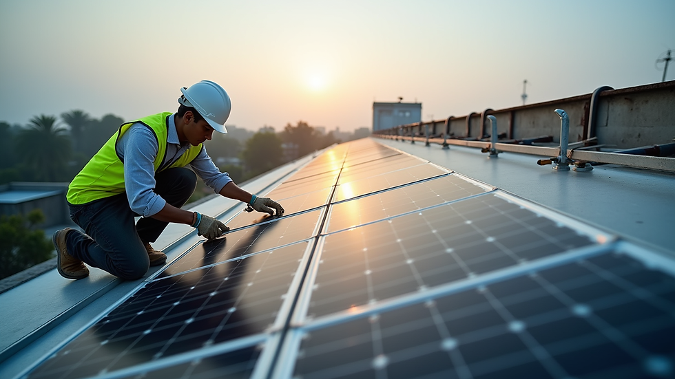 High angle view of solar panel installation process on a commercial building in Sawantwadi