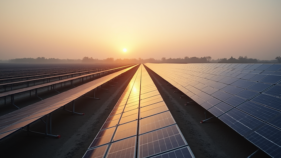 High angle view of large solar park in Gujarat with rows of solar panels