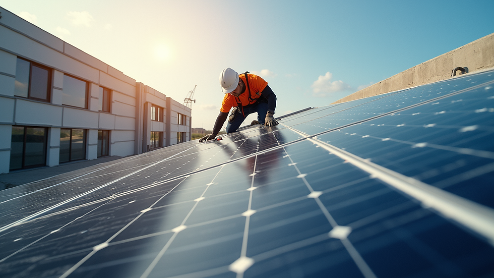 High angle view of solar panel installation process on a commercial building