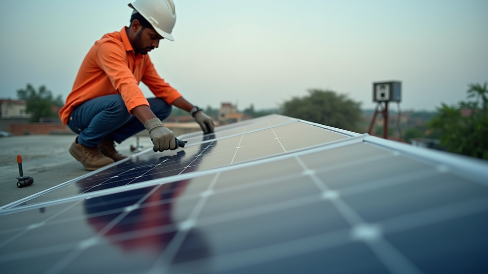 Close-up view of a technician installing a solar panel on a rooftop in Sawantwadi