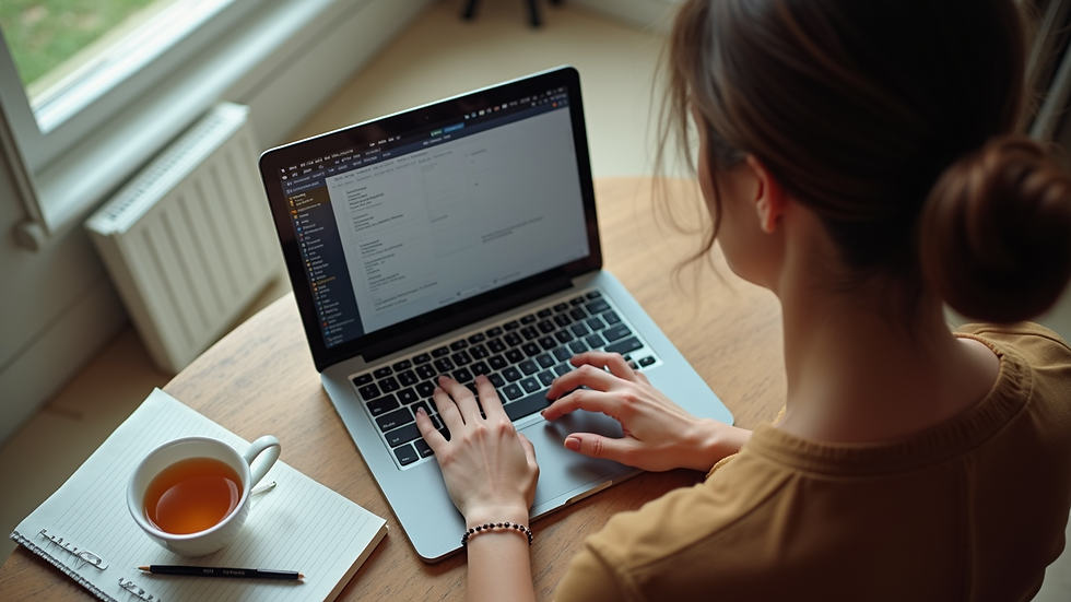 High angle view of a woman working on a laptop with a cup of tea nearby