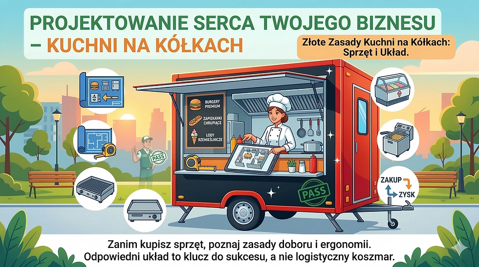 Ilustracja wektorowa przedstawiająca czerwoną przyczepę gastronomiczną zaparkowaną w parku. W otwartym oknie stoi uśmiechnięta szefowa kuchni, która pokazuje na tablecie trójwymiarowy plan układu wnętrza. Wokół przyczepy unoszą się w okręgach ikony symbolizujące proces projektowania i wyposażenie: plany architektoniczne, miarka, opiekacz, płyta grillowa, frytownica, witryna na lody oraz schemat „Zakup - Zysk”. W tle pojawia się zadowolony inspektor ze znaczkiem „PASS”. Na górze widnieje duży napis: „PROJEKTOWANIE SERCA TWOJEGO BIZNESU – KUCHNI NA KÓŁKACH” oraz pole „Złote Zasady Kuchni na Kółkach: Sprzęt i Układ.”. Na dole umieszczono tekst: „Zanim kupisz sprzęt, poznaj zasady doboru i ergonomii. Odpowiedni układ to klucz do sukcesu, a nie logistyczny koszmar.”